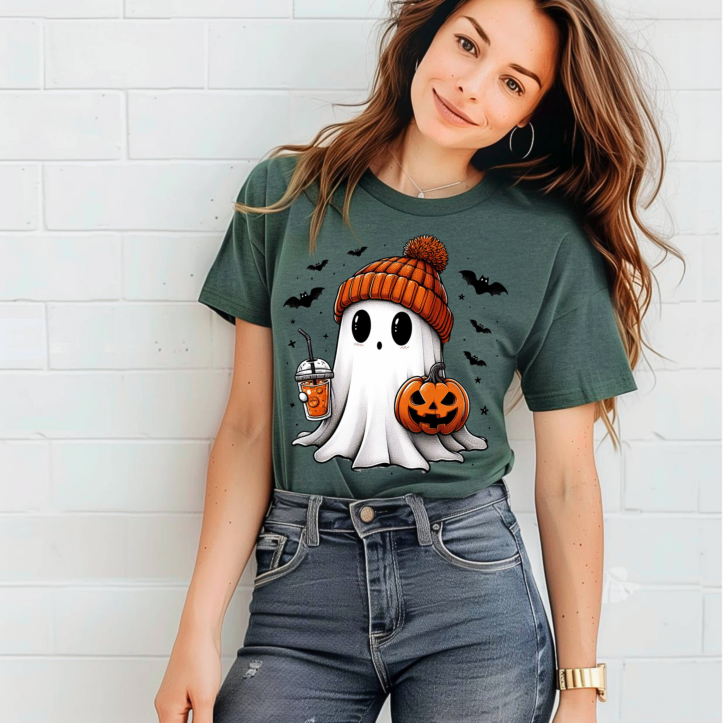 Beanie Ghost Halloween T-Shirt – Cute Fall Graphic Tee with Pumpkin & Iced Coffee