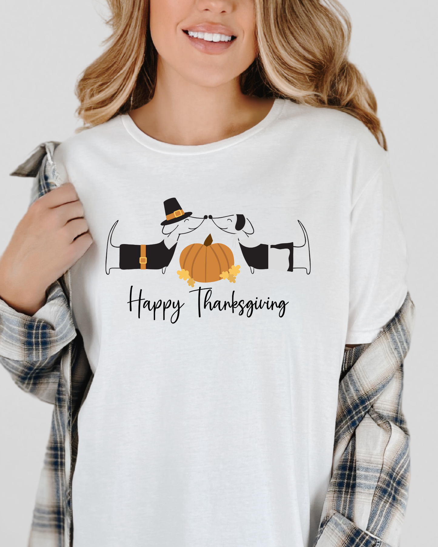 🦮 “Happy Thanksgiving” Pilgrim Pup Tee | Fall Holiday Graphic T-Shirt