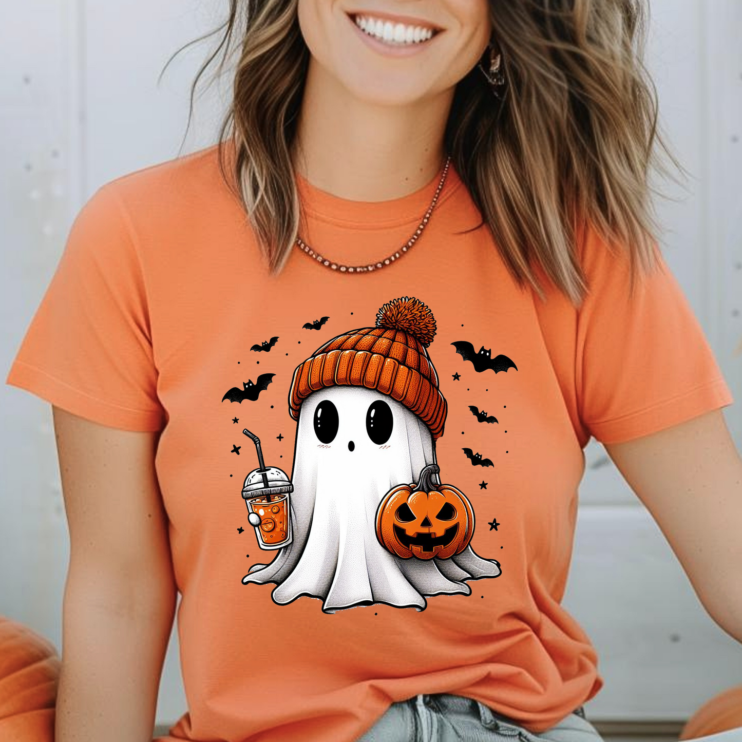Beanie Ghost Halloween T-Shirt – Cute Fall Graphic Tee with Pumpkin & Iced Coffee