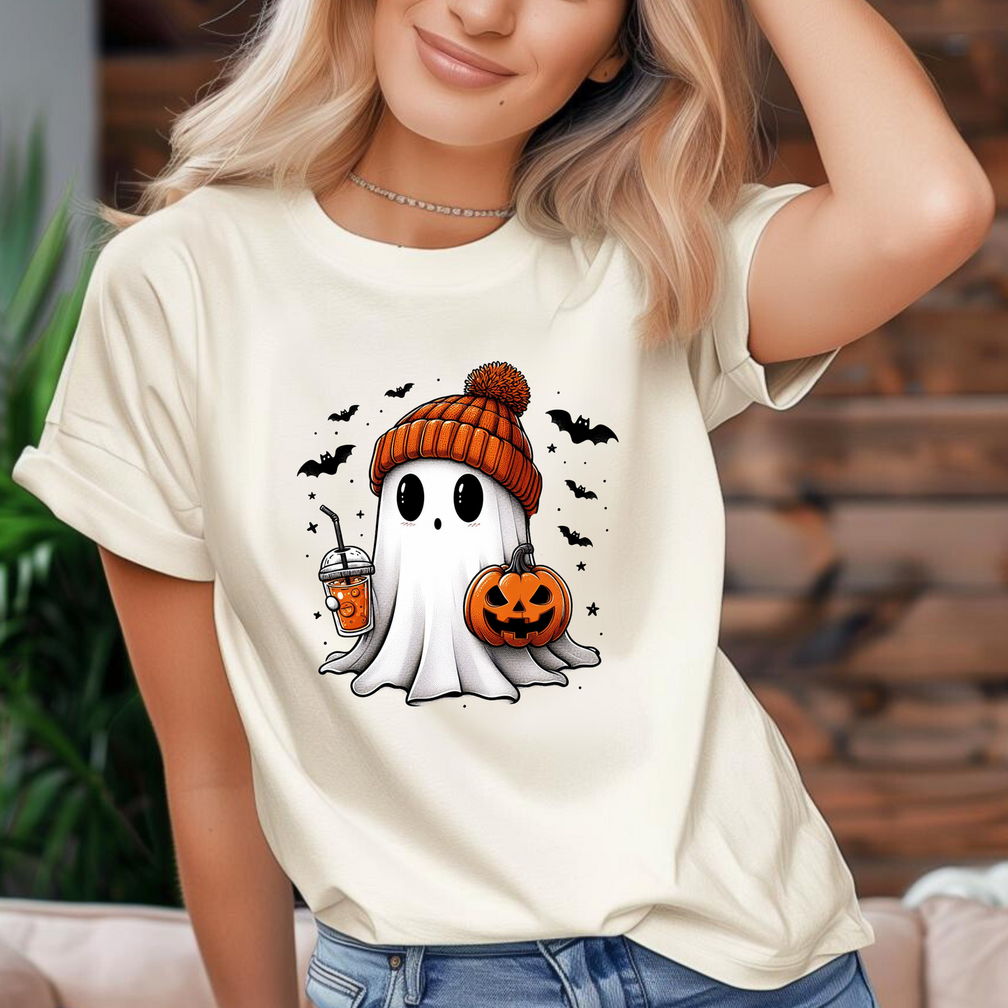 Beanie Ghost Halloween T-Shirt – Cute Fall Graphic Tee with Pumpkin & Iced Coffee