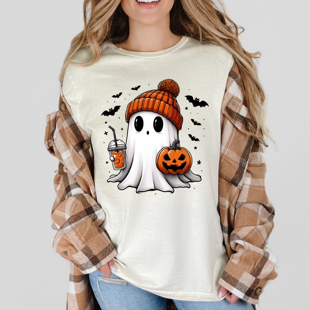 Beanie Ghost Halloween T-Shirt – Cute Fall Graphic Tee with Pumpkin & Iced Coffee