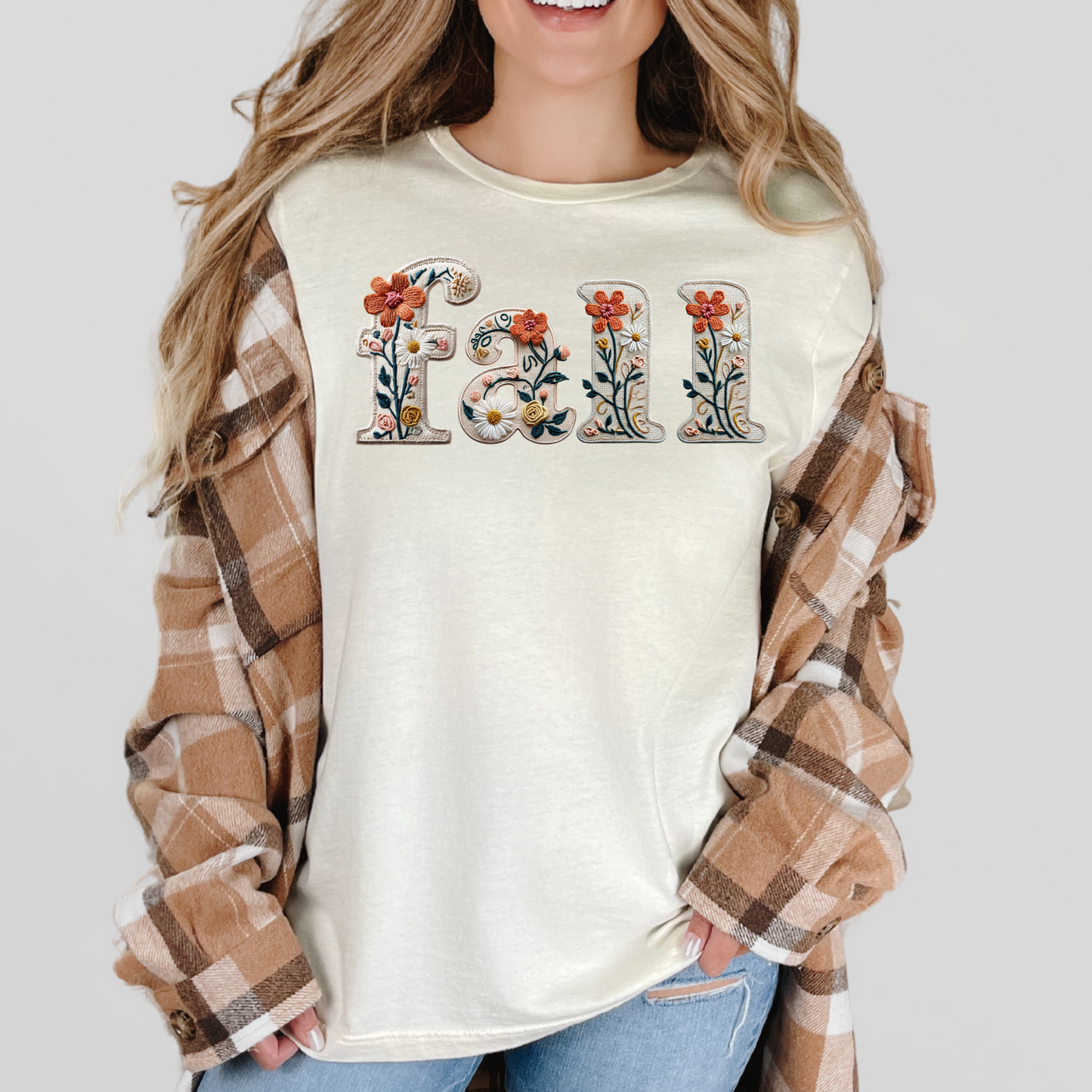 Fall Faux Embroidery Floral Graphic Tee – Cozy Autumn T-Shirt