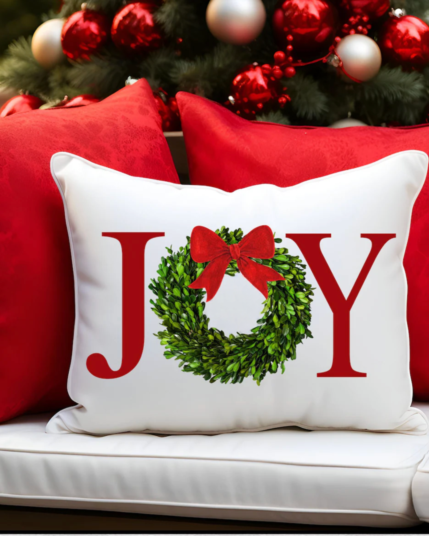 JOY Wreath Pillow – Red Bow Holiday Accent Cushion (12x20")