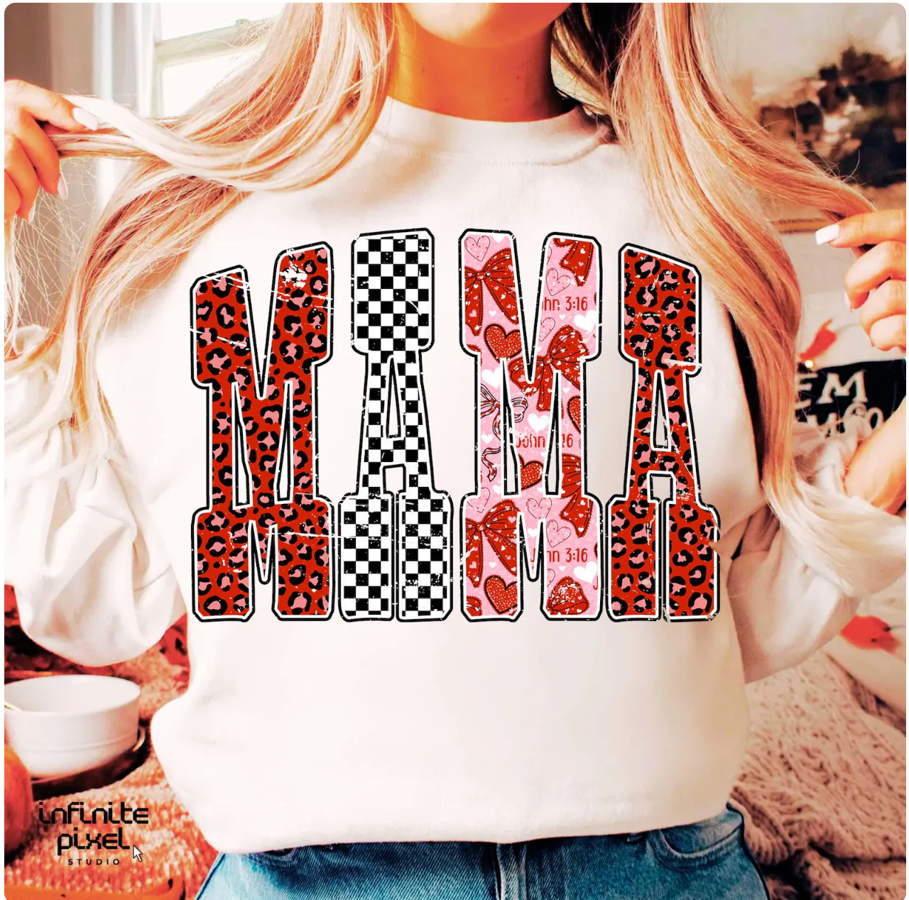 MAMA Valentine Patchwork Graphic Tee – Leopard & Bow Love Print Shirt