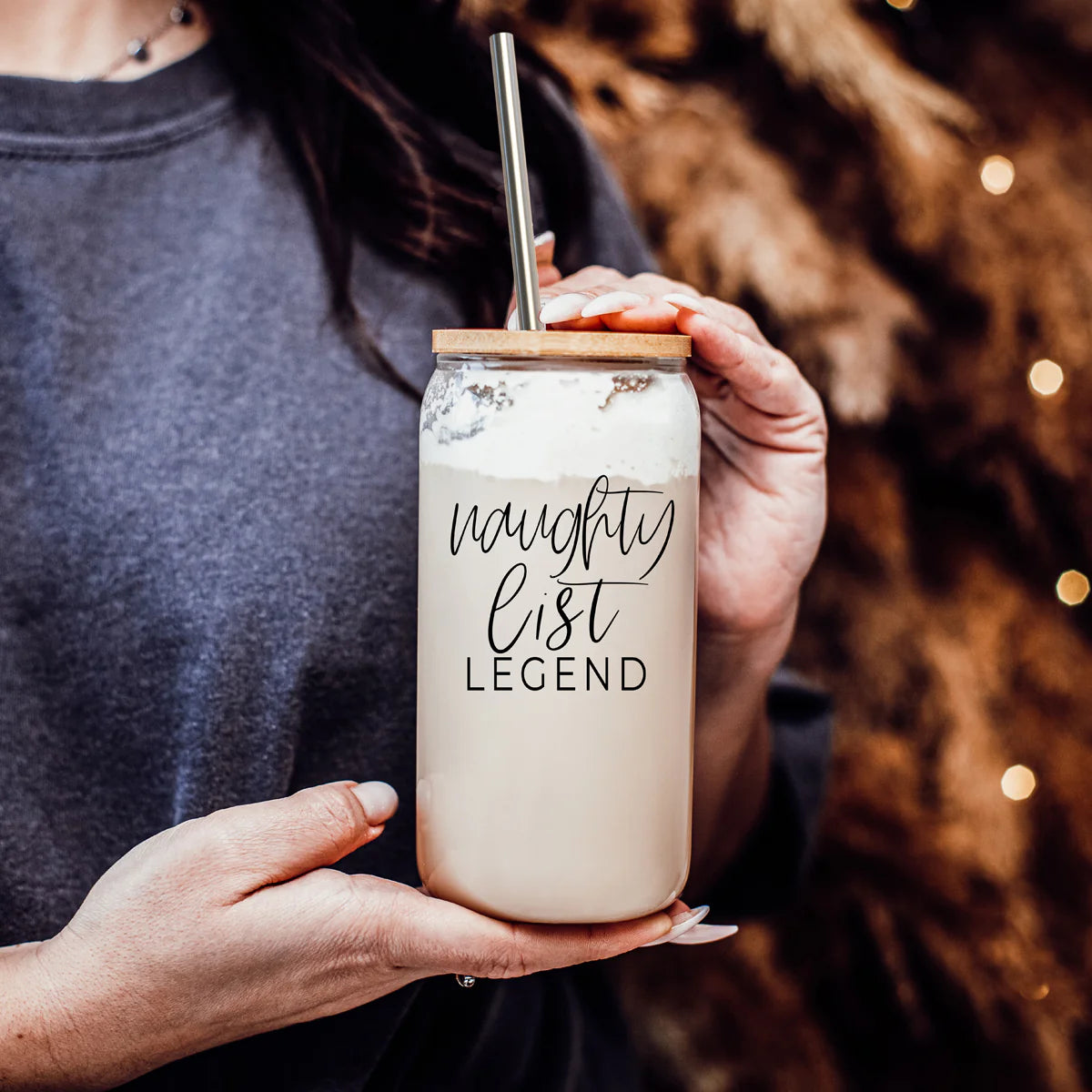 Naughty List Legend 17OZ Libby Glass with Lid and Straw