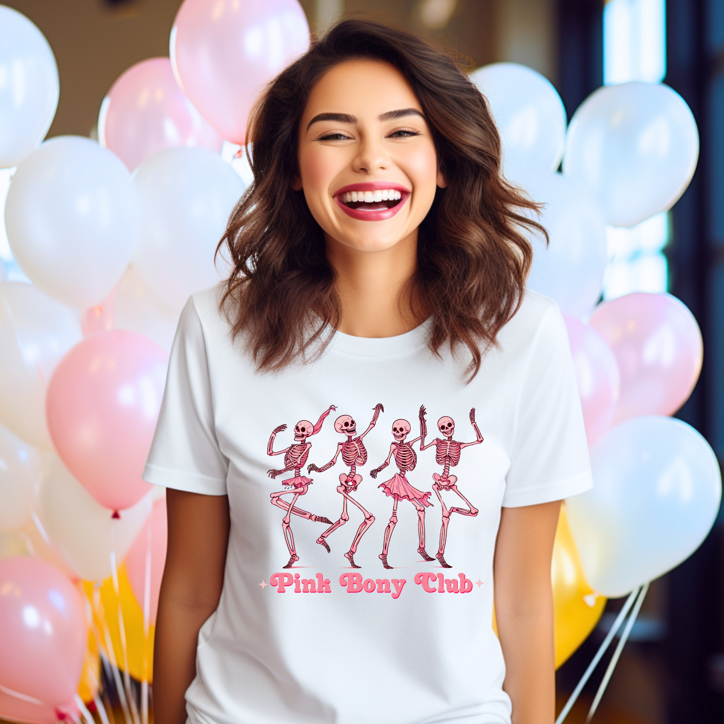 Pink Bony Club T-shirt – Dancing Skeletons Graphic T-Shirt