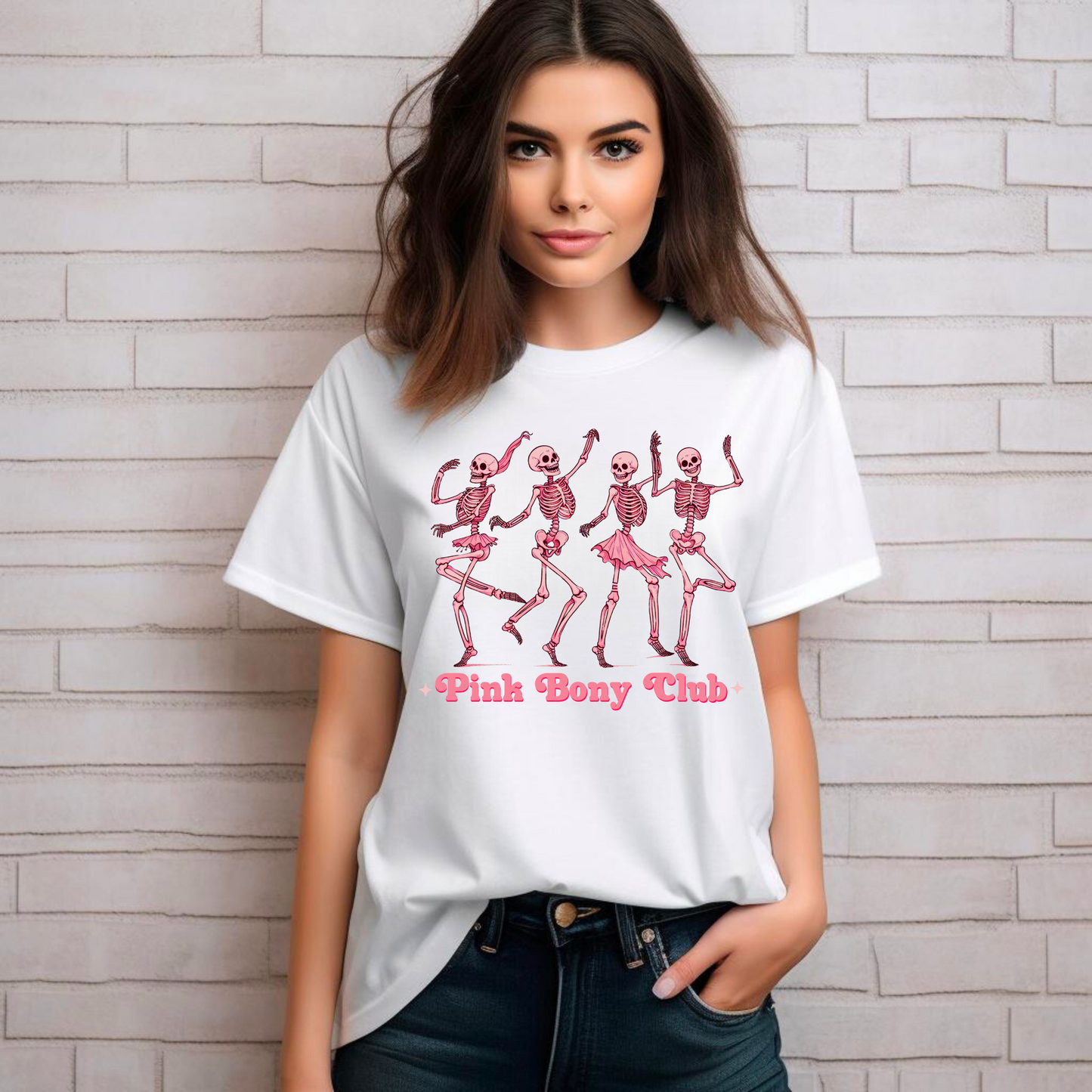 Pink Bony Club T-shirt – Dancing Skeletons Graphic T-Shirt