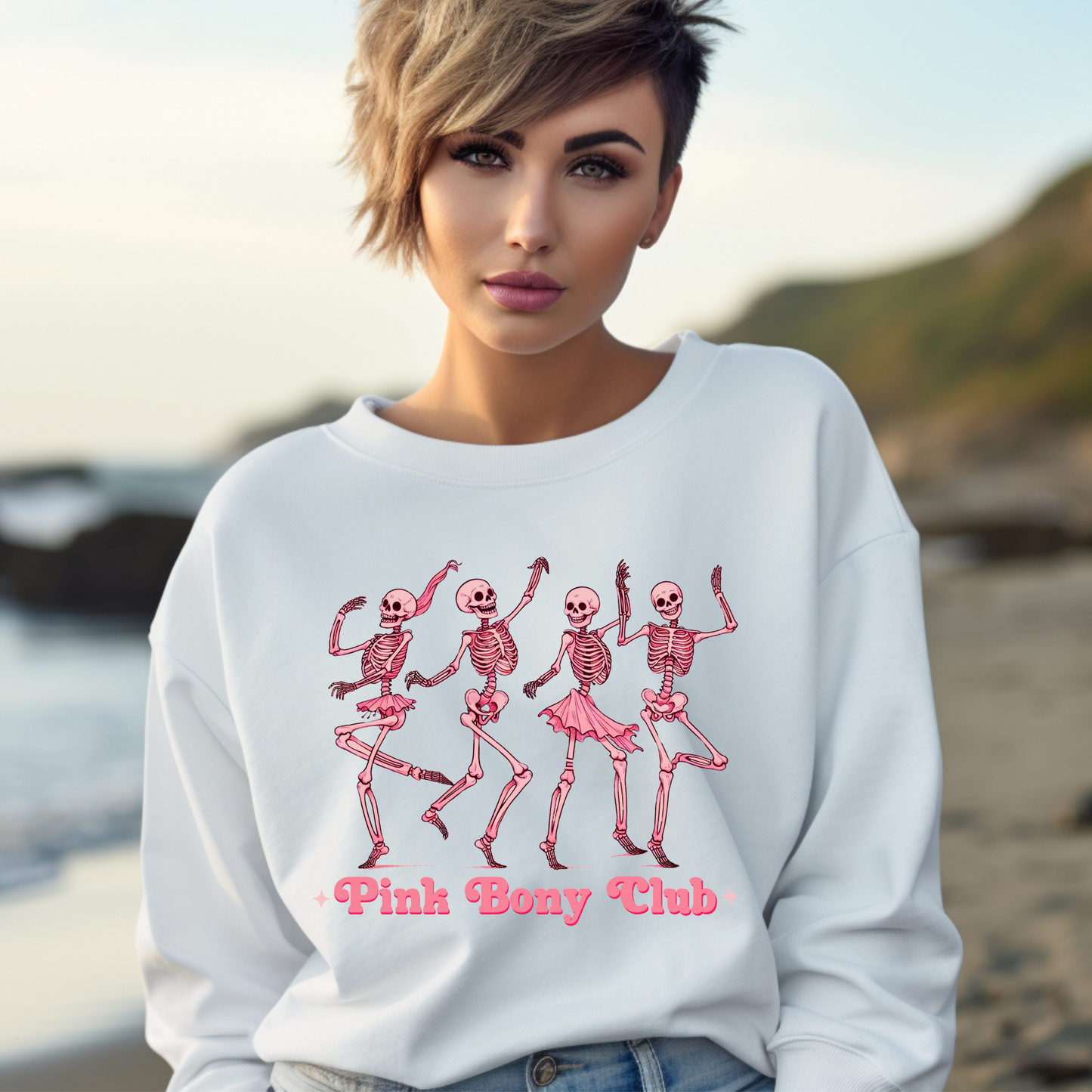 Pink Bony Club Sweatshirt – Dancing Skeletons Graphic Crewneck Sweatshirt