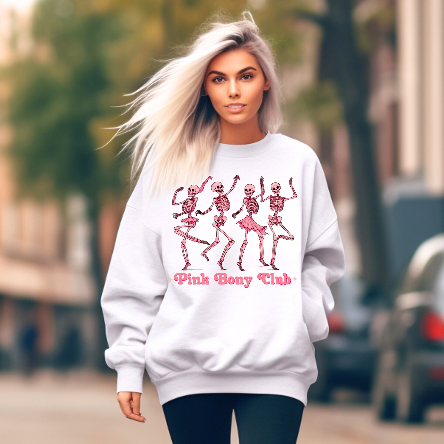 Pink Bony Club Sweatshirt – Dancing Skeletons Graphic Crewneck Sweatshirt