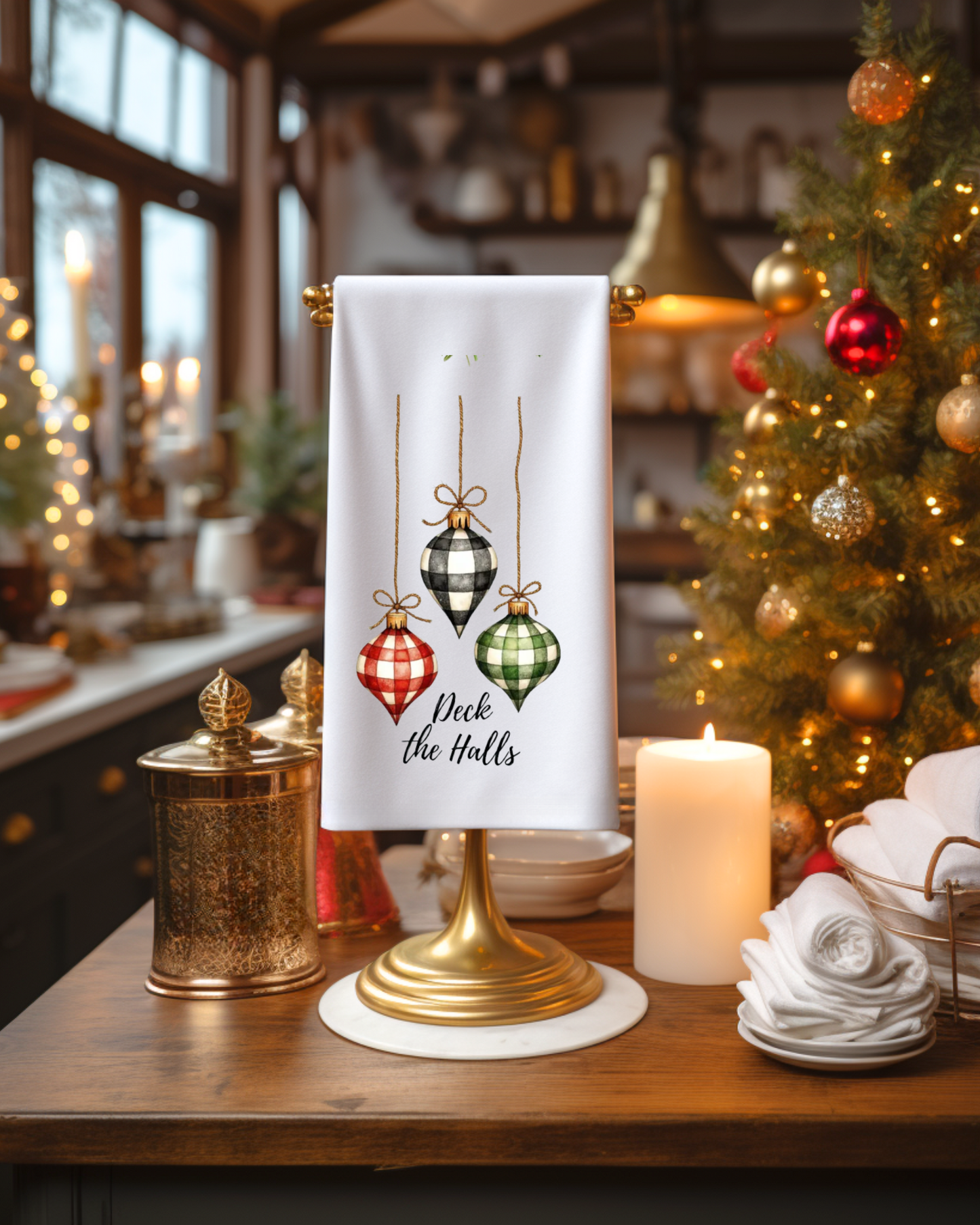 Deck the Halls Buffalo Check Ornament Kitchen Towel