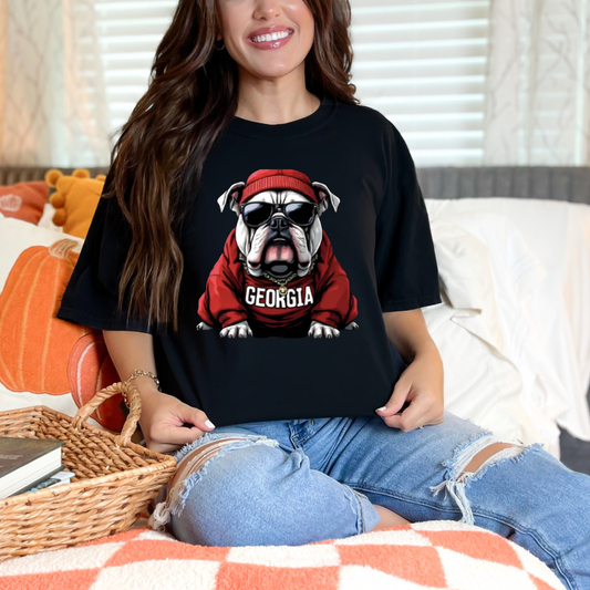 Georgia Bulldog Beanie Graphic Tee – Cool Bulldog in Beanie & Shades (Unisex)