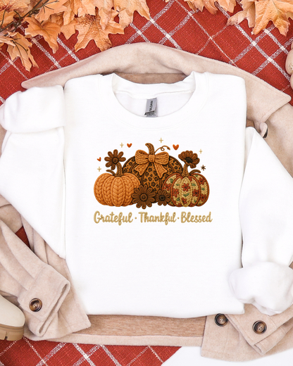 🍂 “Grateful • Thankful • Blessed” Pumpkin Trio Sweatshirt | Cozy Fall Crewneck