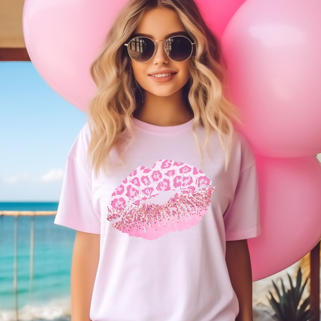 Pink Leopard Glitter Lips T-Shirt
