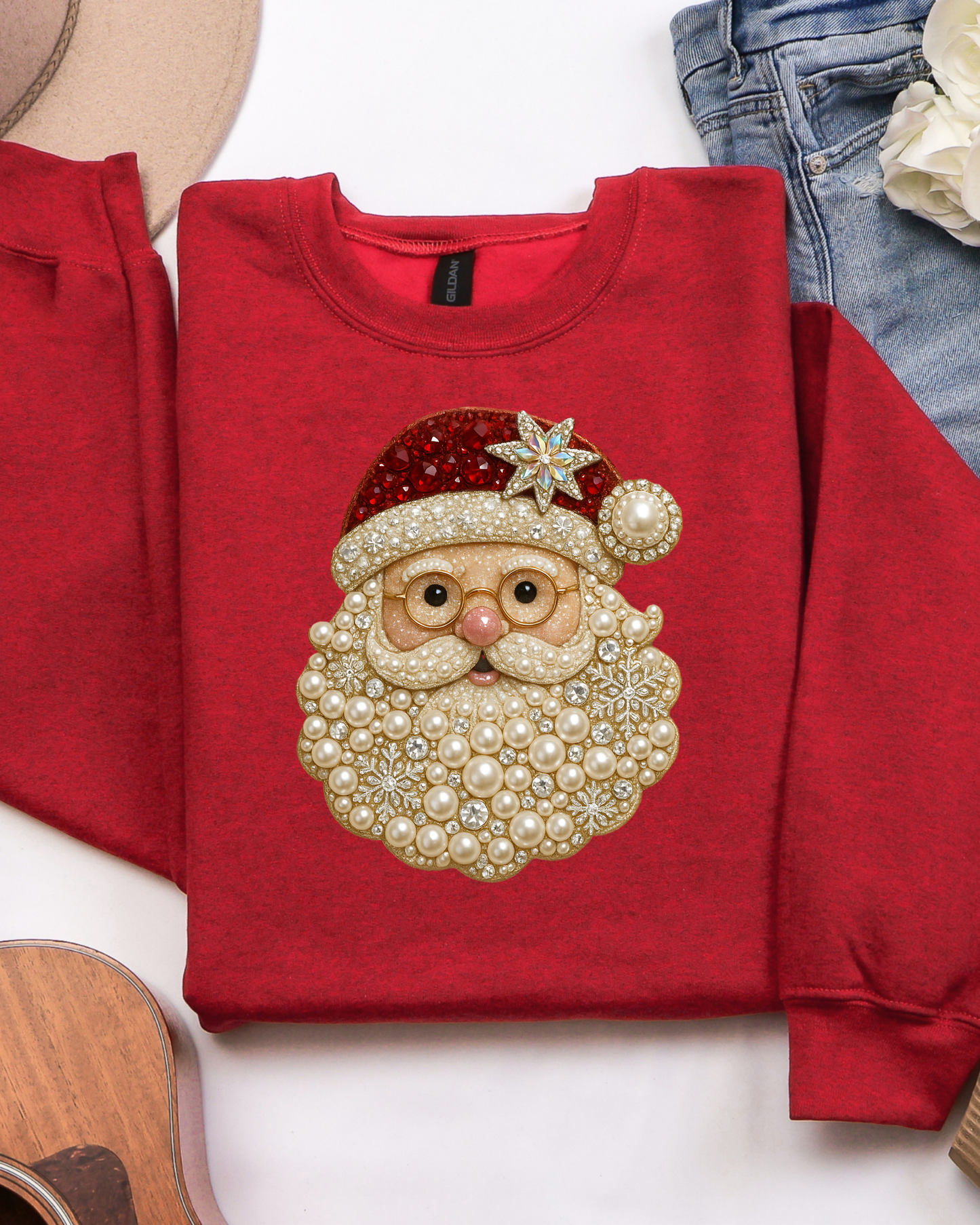 Pearl Santa Sweatshirt – Red Christmas Crewneck with Beaded Santa Design