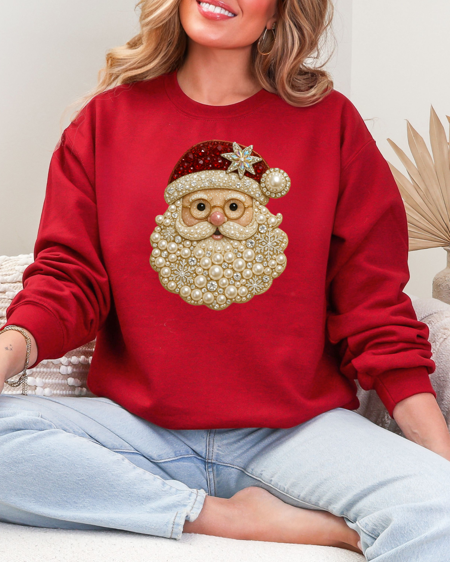 Pearl Santa Sweatshirt – Red Christmas Crewneck with Beaded Santa Design