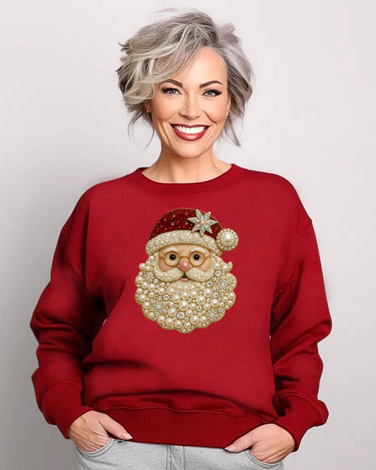 Pearl Santa Sweatshirt – Red Christmas Crewneck with Beaded Santa Design