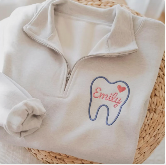 🦷 Personalized Dental Name Quarter-Zip Pullover | Custom Tooth Embroidery