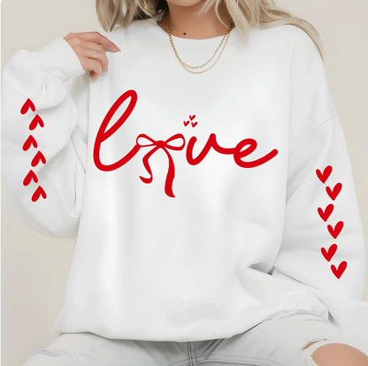 Love Bow Script Valentine Sweatshirt – Feminine Ribbon Heart Sleeve Detail Pullover