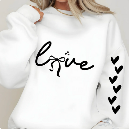 Love Bow Script Valentine Sweatshirt – Feminine Ribbon Heart Sleeve Detail Pullover