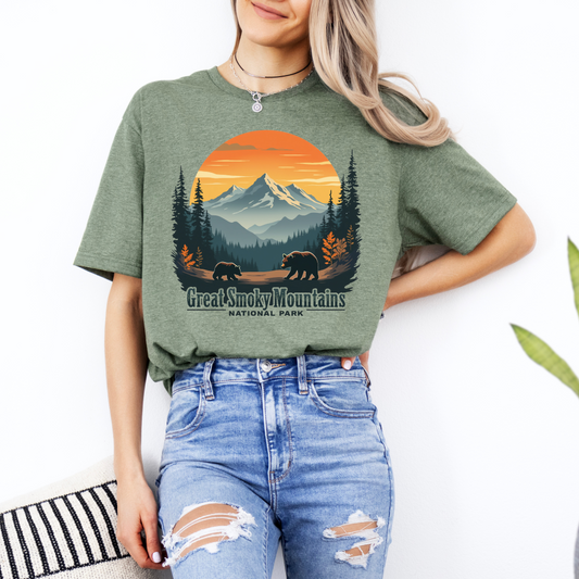 Great Smoky Mountains National Park Shirt – Scenic Sunset Bear Graphic Tee (Adult & Youth)