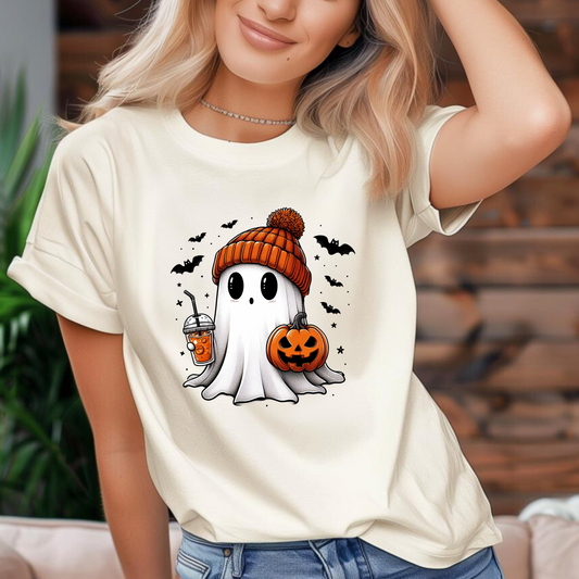 Beanie Ghost Halloween T-Shirt – Cute Fall Graphic Tee with Pumpkin & Iced Coffee