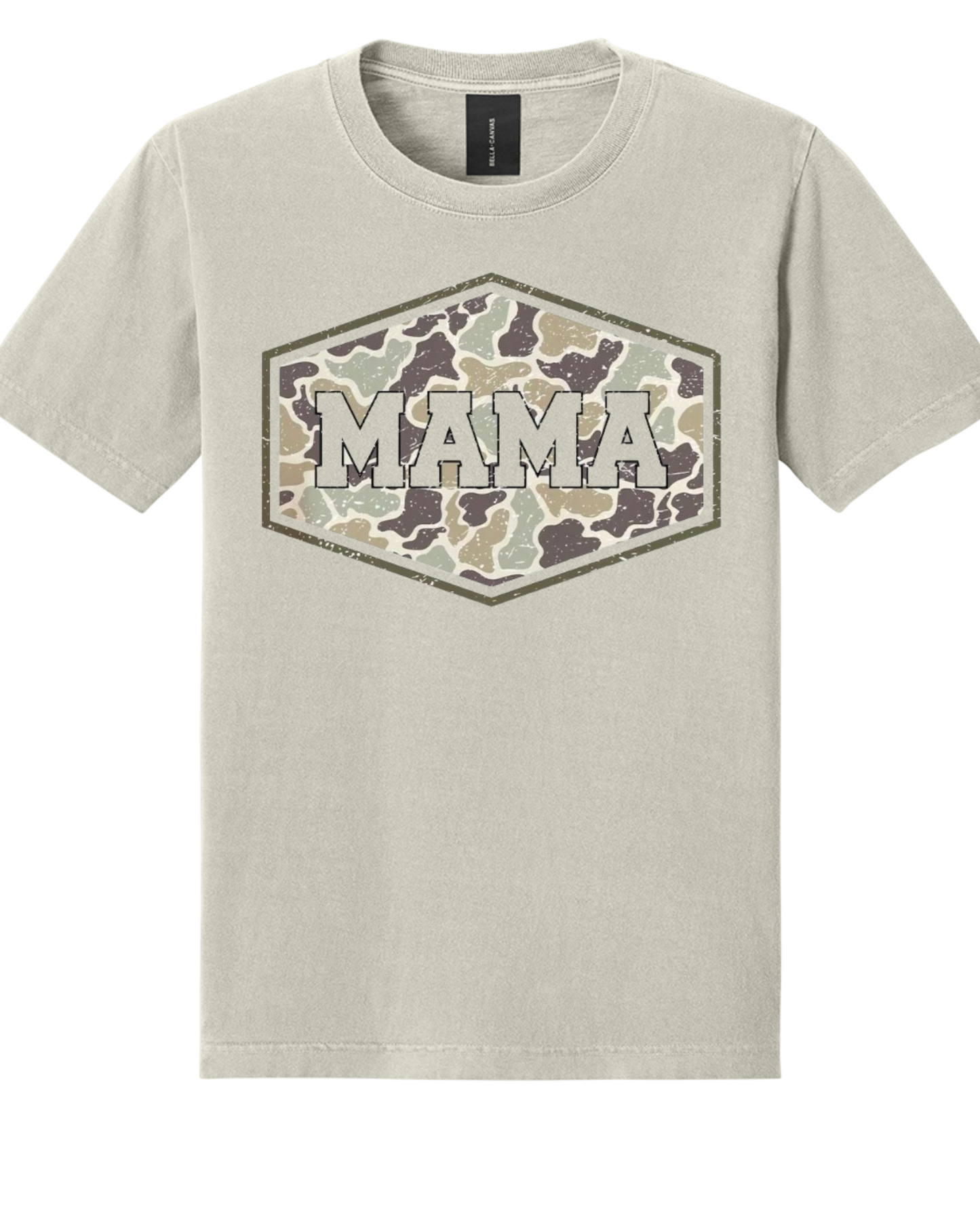 Camo Mama Patch Tee – Neutral Military Camo Graphic Mom T-Shirt