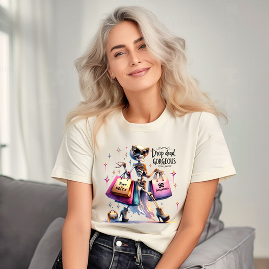 Drop Dead Gorgeous Skeleton Graphic T-Shirt | Funny Spooky Shopping Tee