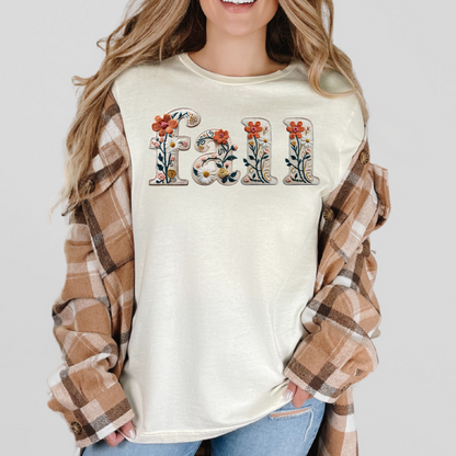 Fall Faux Embroidery Floral Graphic Tee – Cozy Autumn T-Shirt