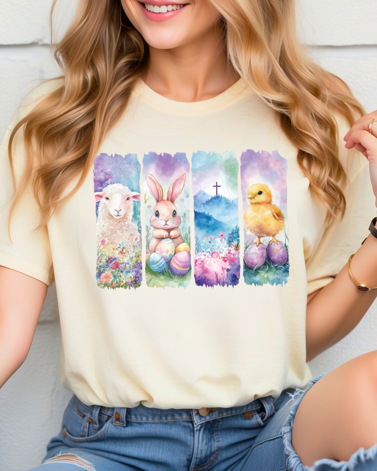 He Is Risen Easter Panel Tee – Lamb, Bunny & Chick Christian Spring Shirt
