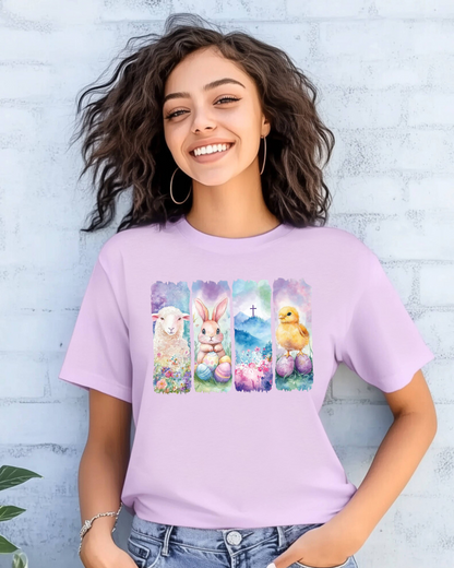 He Is Risen Easter Panel Tee – Lamb, Bunny & Chick Christian Spring Shirt