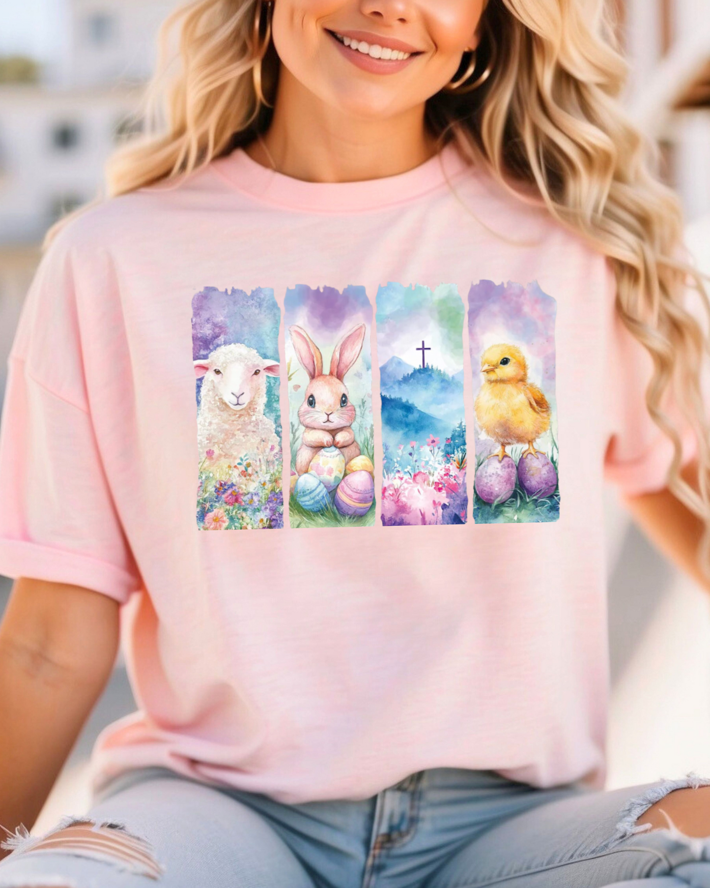 He Is Risen Easter Panel Tee – Lamb, Bunny & Chick Christian Spring Shirt