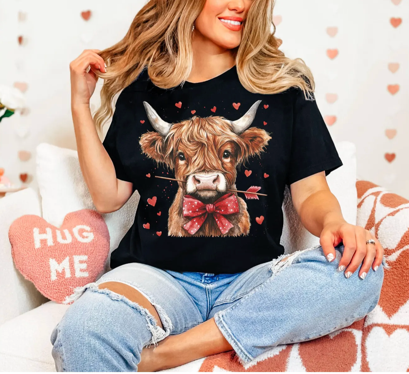 Valentine Highland Cow Tee – Cupid Cow Bow Graphic T-Shirt