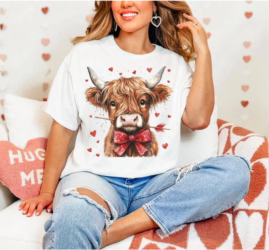 Valentine Highland Cow Tee – Cupid Cow Bow Graphic T-Shirt