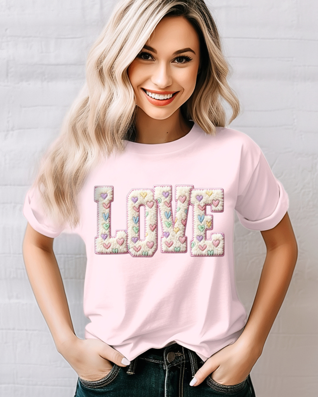 LOVE Faux Chenille Heart Patch Tee – Pastel Valentine Graphic Shirt