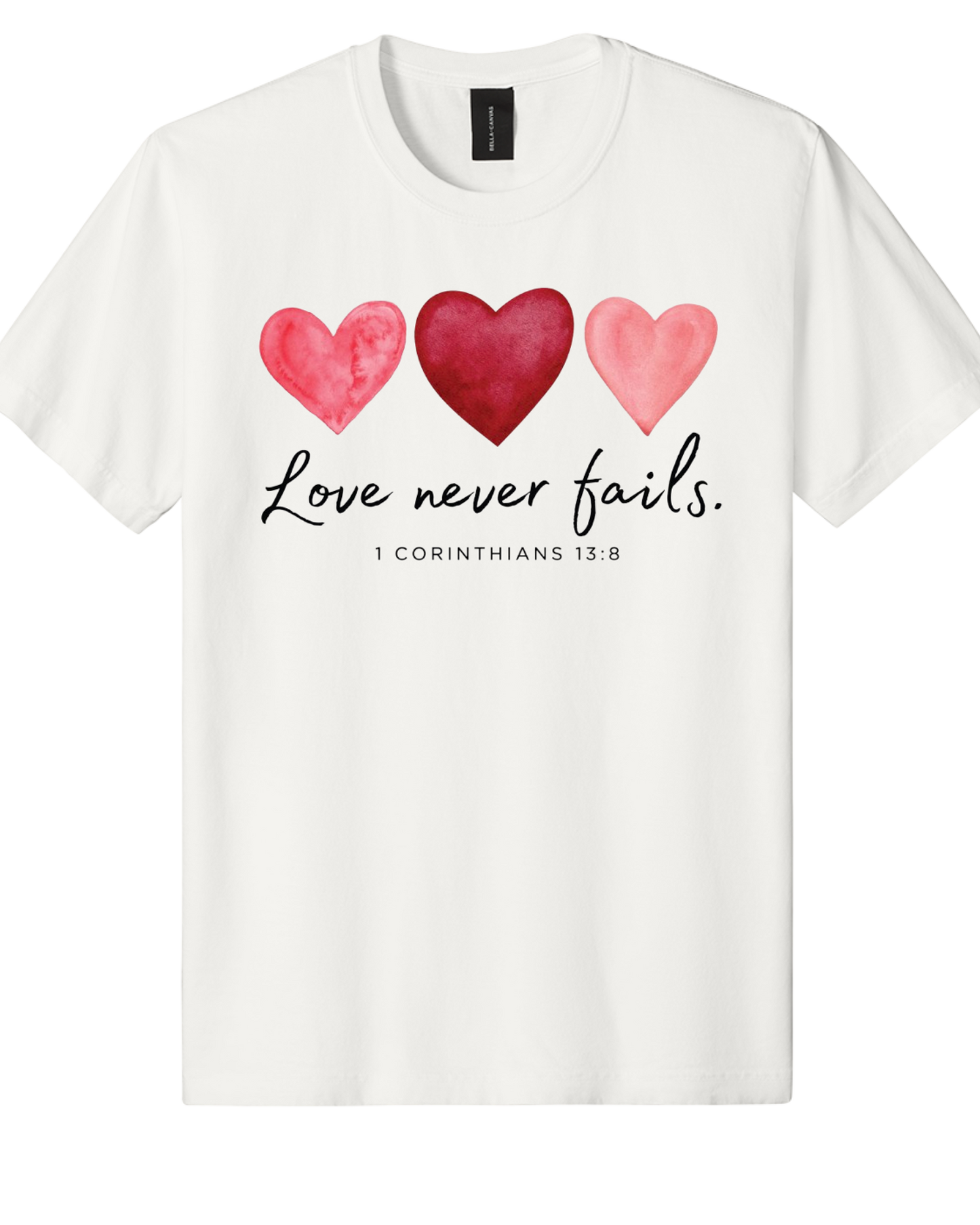 Love Never Fails Pink Heart Valentine Sweatshirt – 1 Corinthians 13:8 Faith Crewneck