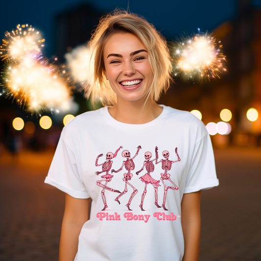 Pink Bony Club T-shirt – Dancing Skeletons Graphic T-Shirt