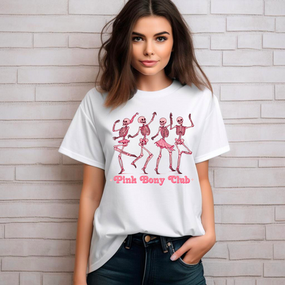 Pink Bony Club T-shirt – Dancing Skeletons Graphic T-Shirt