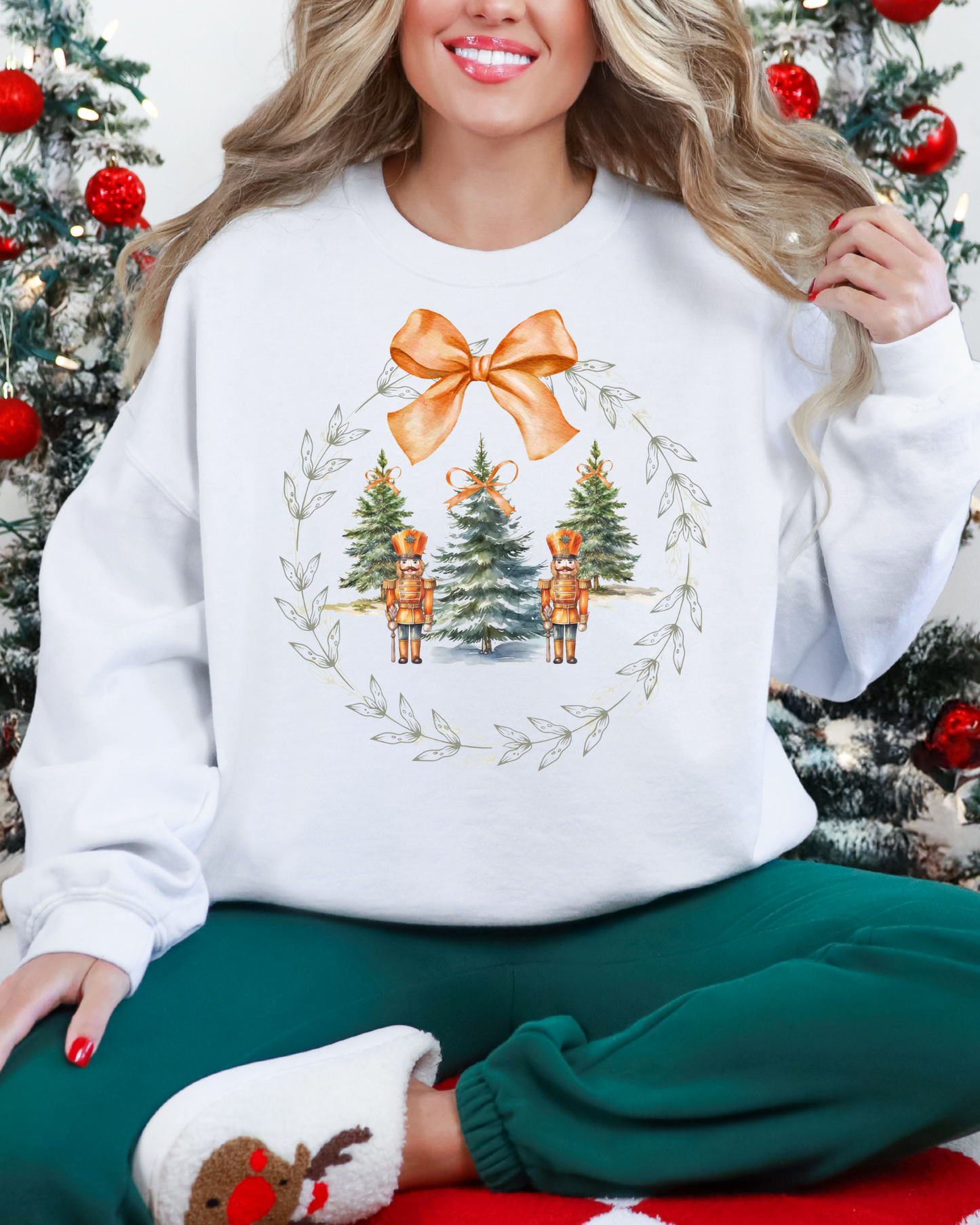 Nutcracker Wreath Sweatshirt – Classic Christmas Bow & Evergreen Crewneck