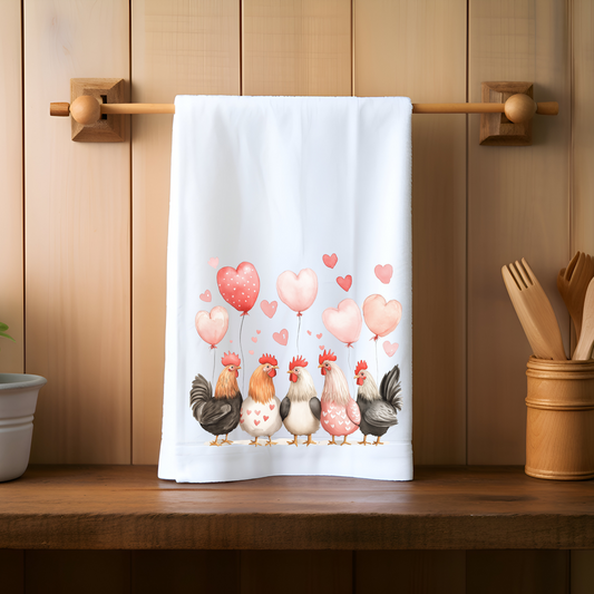 Chickens with Heart Balloons Kitchen Towel